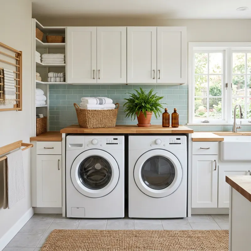 Tidy laundry room with a working washer and dryer and folded towels