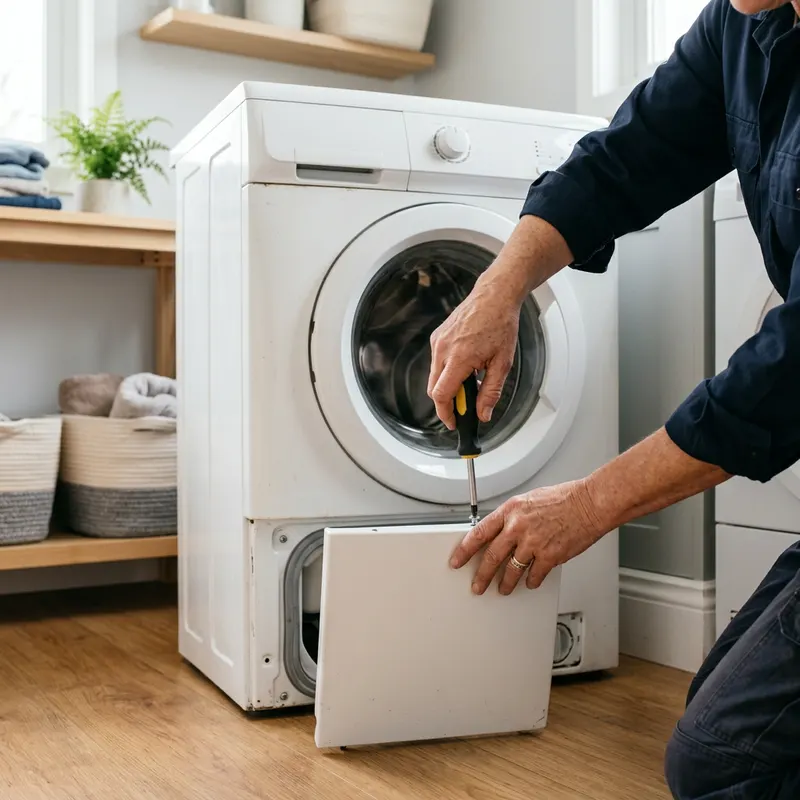 Technician's hands removing the lower front panel of a front-load washing machine